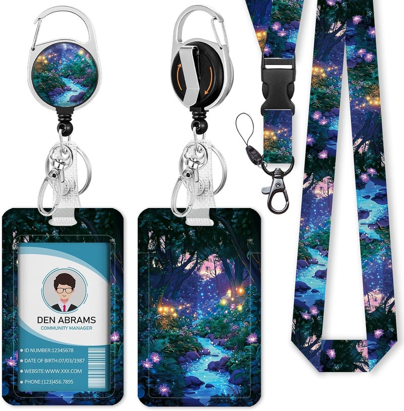 Piefly Lanyards for Id Badges, Fireflies Forest Badge Holder with Retractable Reel Belt Clip, Purple Work Name Tag Lanyard Vertical ID Card Protector Case for Women Nurse Doctor Teacher Student - Image 1